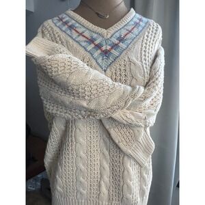 Y2k VTG Cable Knit V-Neck Sweater Cream argyle neck SM old money preppy tennis